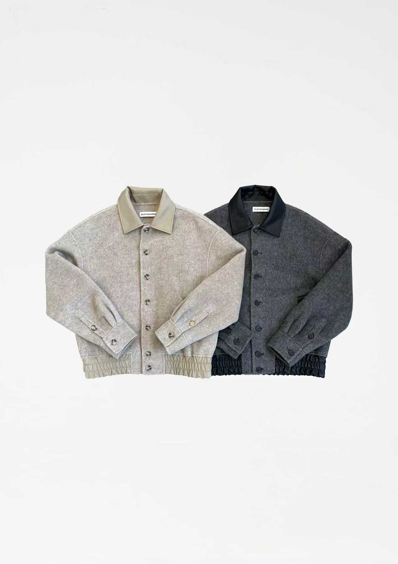 Blouson en Laine Mélangée à Col Contrasté