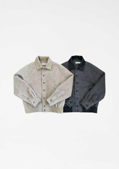 Blouson en Laine Mélangée à Col Contrasté