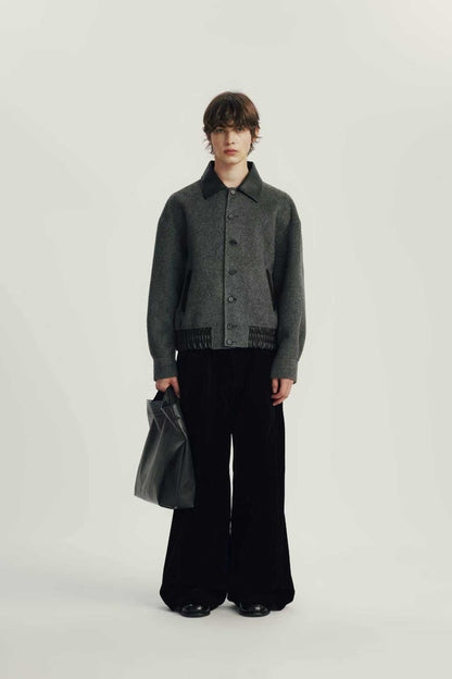 Blouson en Laine Mélangée à Col Contrasté