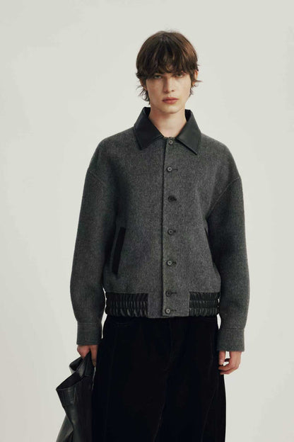 Blouson en Laine Mélangée à Col Contrasté