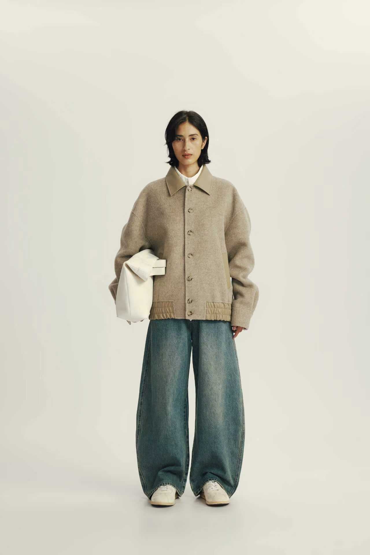 Blouson en Laine Mélangée à Col Contrasté