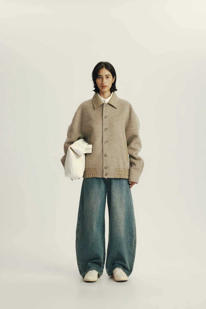 Blouson en Laine Mélangée à Col Contrasté