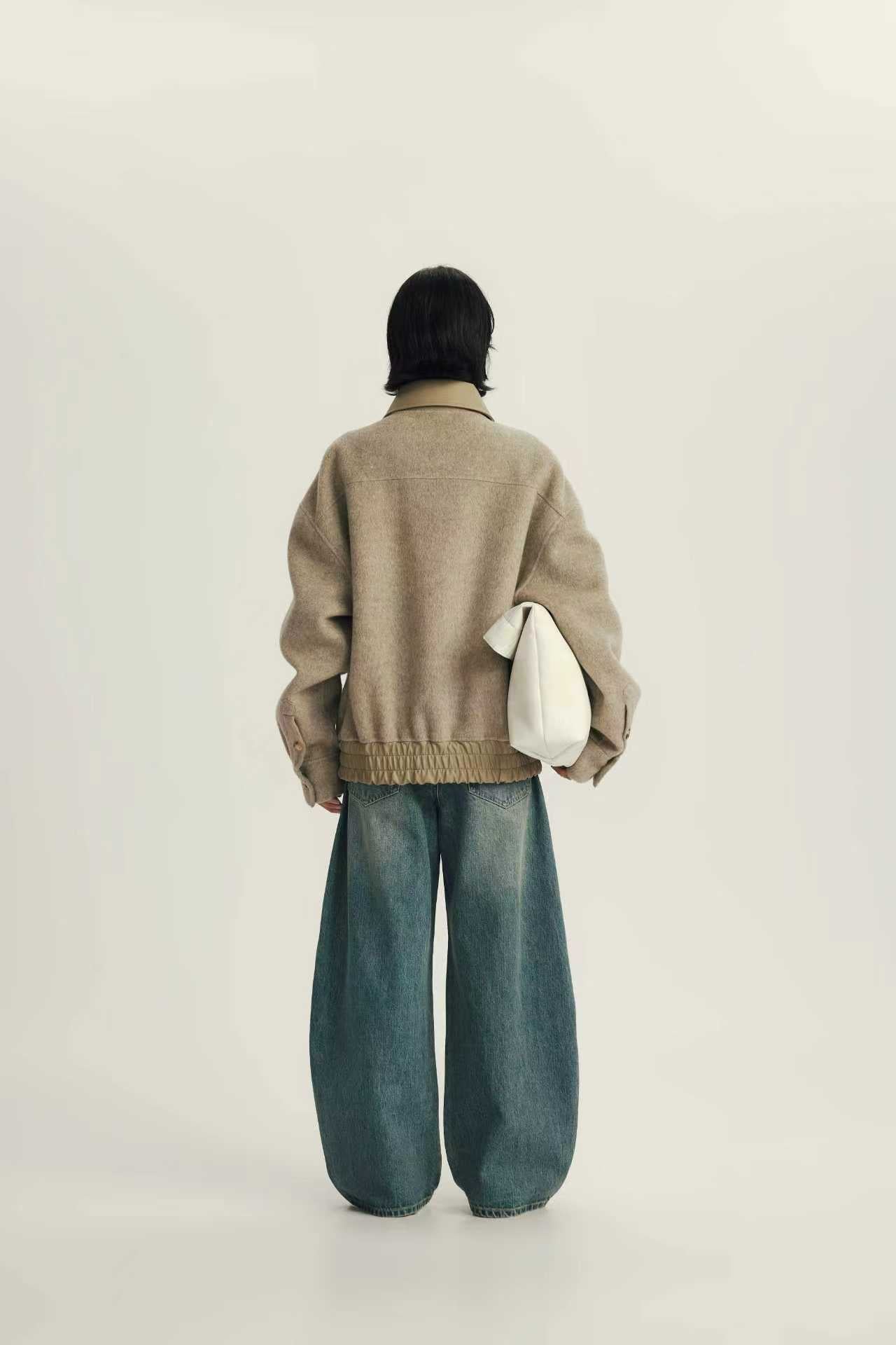 Blouson en Laine Mélangée à Col Contrasté