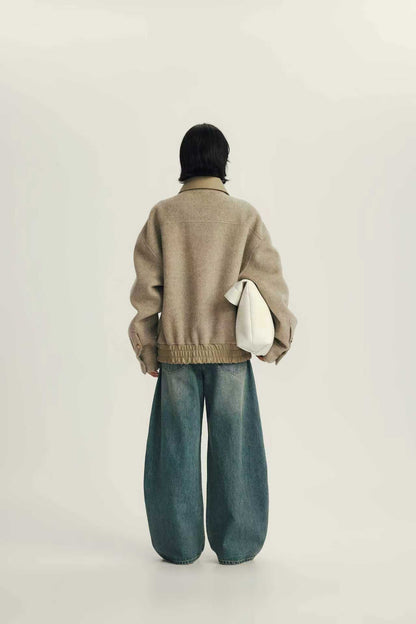 Blouson en Laine Mélangée à Col Contrasté