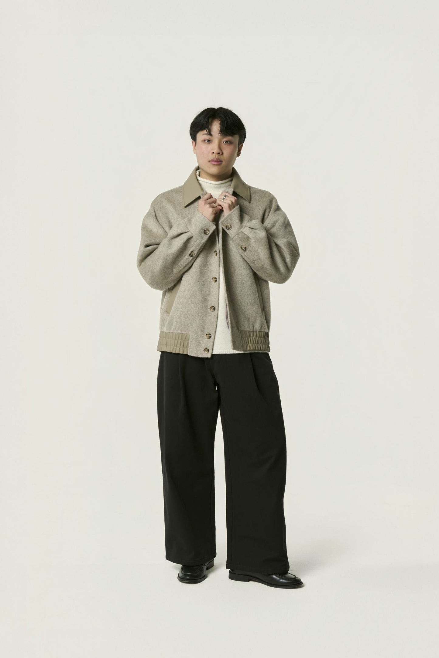 Blouson en Laine Mélangée à Col Contrasté