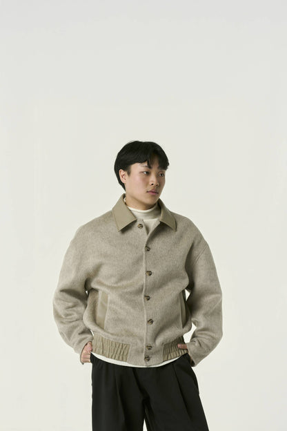 Blouson en Laine Mélangée à Col Contrasté